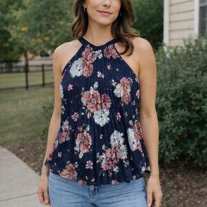 ✿ Floral Pleated High-Neck Blouse